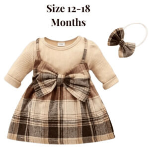 Khaki Plaid Dress, Girls, Beige Mini Dress With Bow & Matching Headband, Sz 12-1